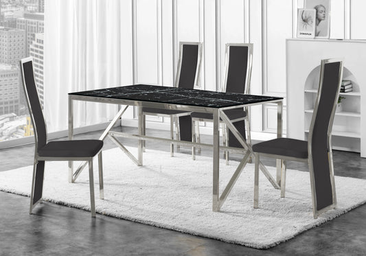 Table marbre noir et 6 chaises velours argent – Jessy