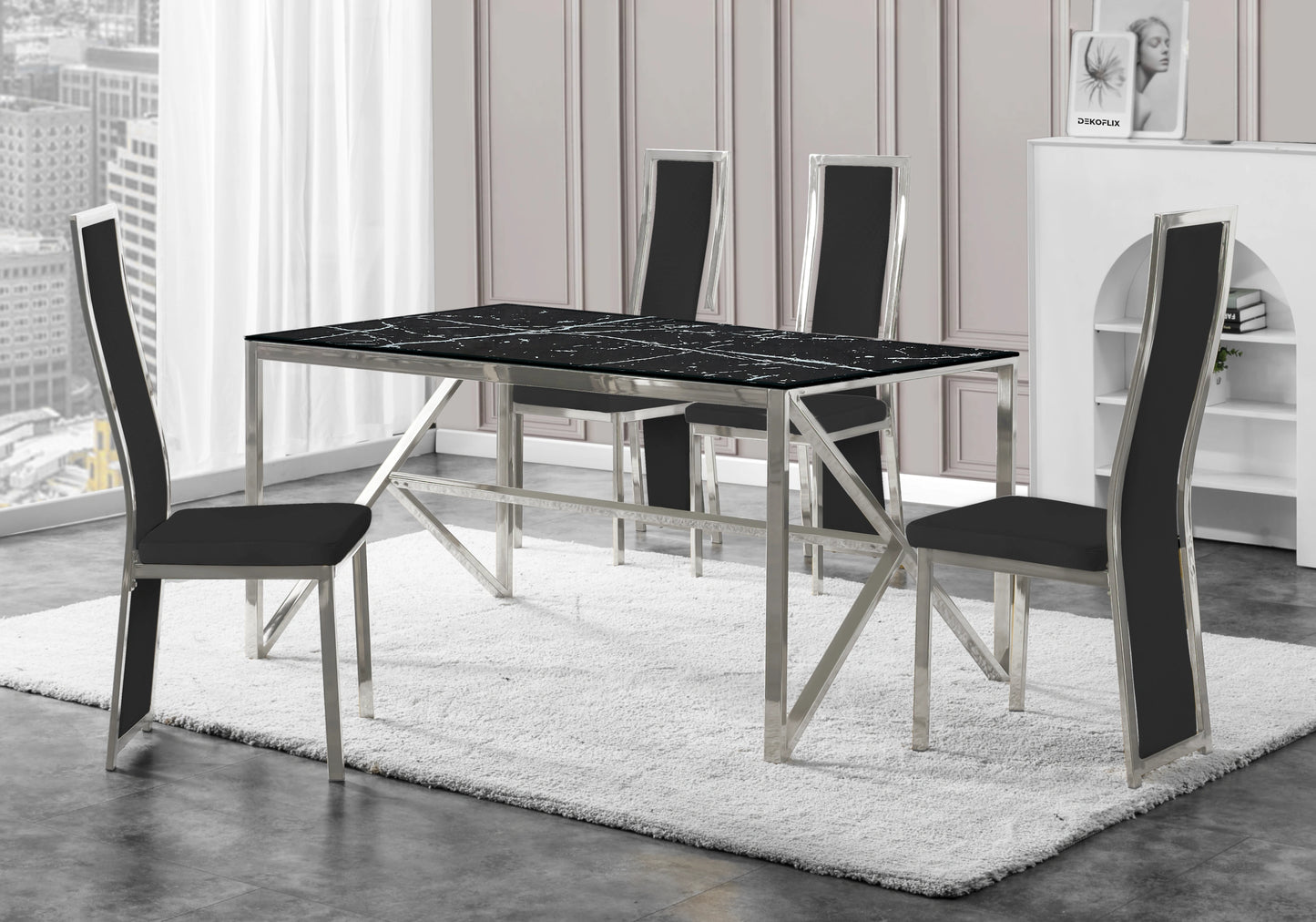 Table marbre noir et 6 chaises velours argent – Jessy