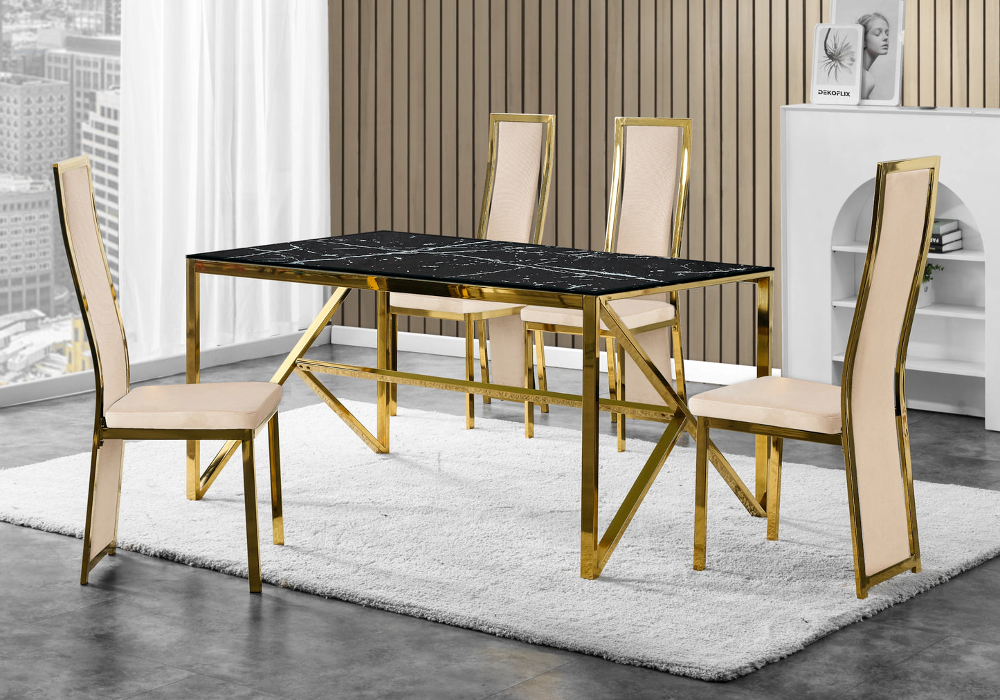 Table marbre noir et 6 chaises velours doré – Jessy