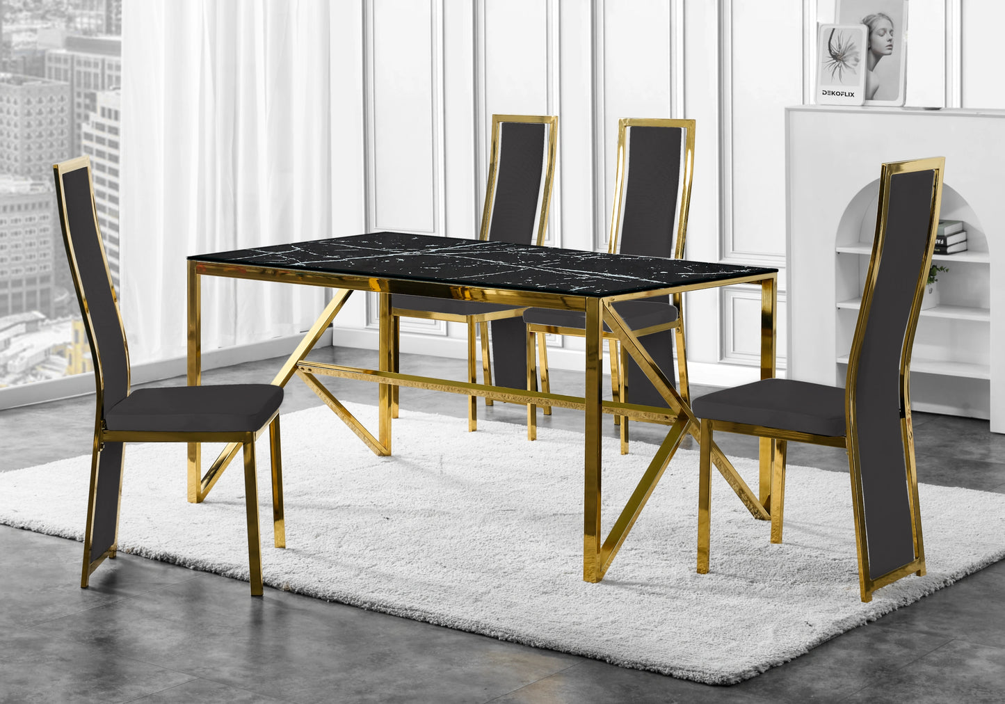 Table marbre noir et 6 chaises velours doré – Jessy