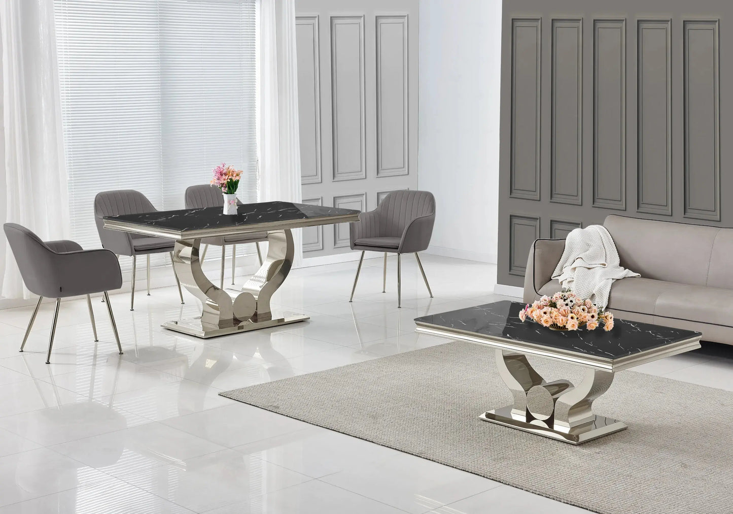 Ensemble table marbre noir et chaises anthracite NEA New Design