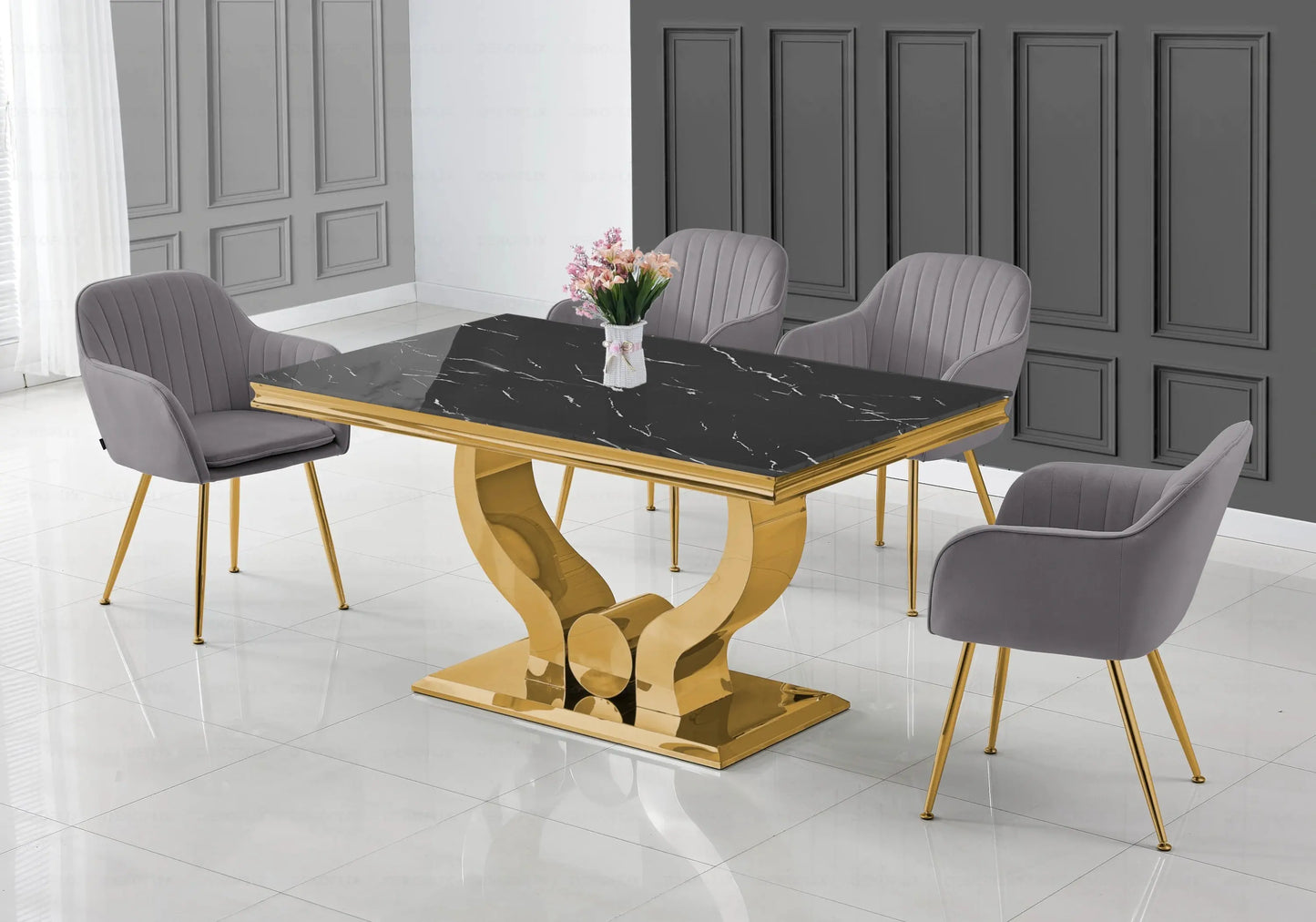 Ensemble table marbre noir et chaises anthracite doré NEA New Design