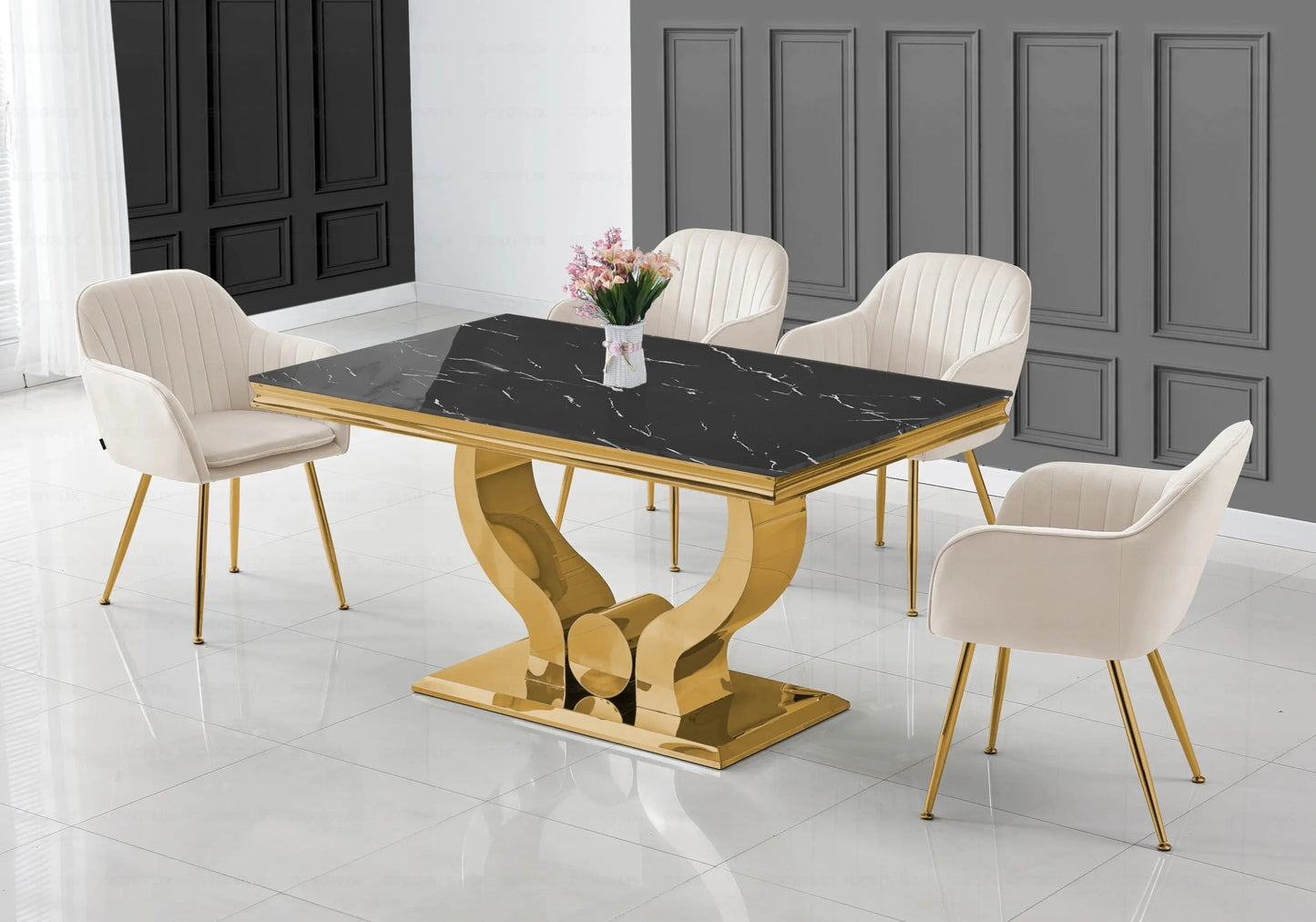 Ensemble table marbre noir et chaises beige doré NEA New Design