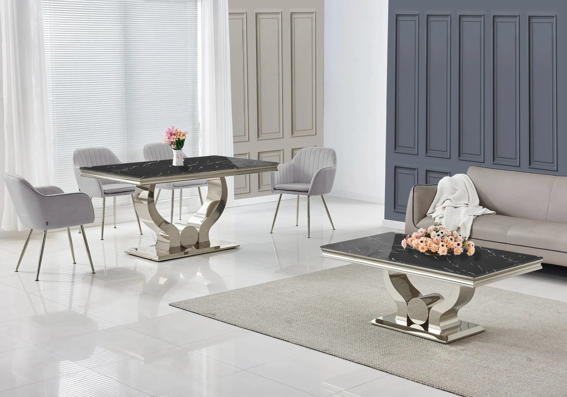 Ensemble table marbre noir et chaises gris NEA New Design