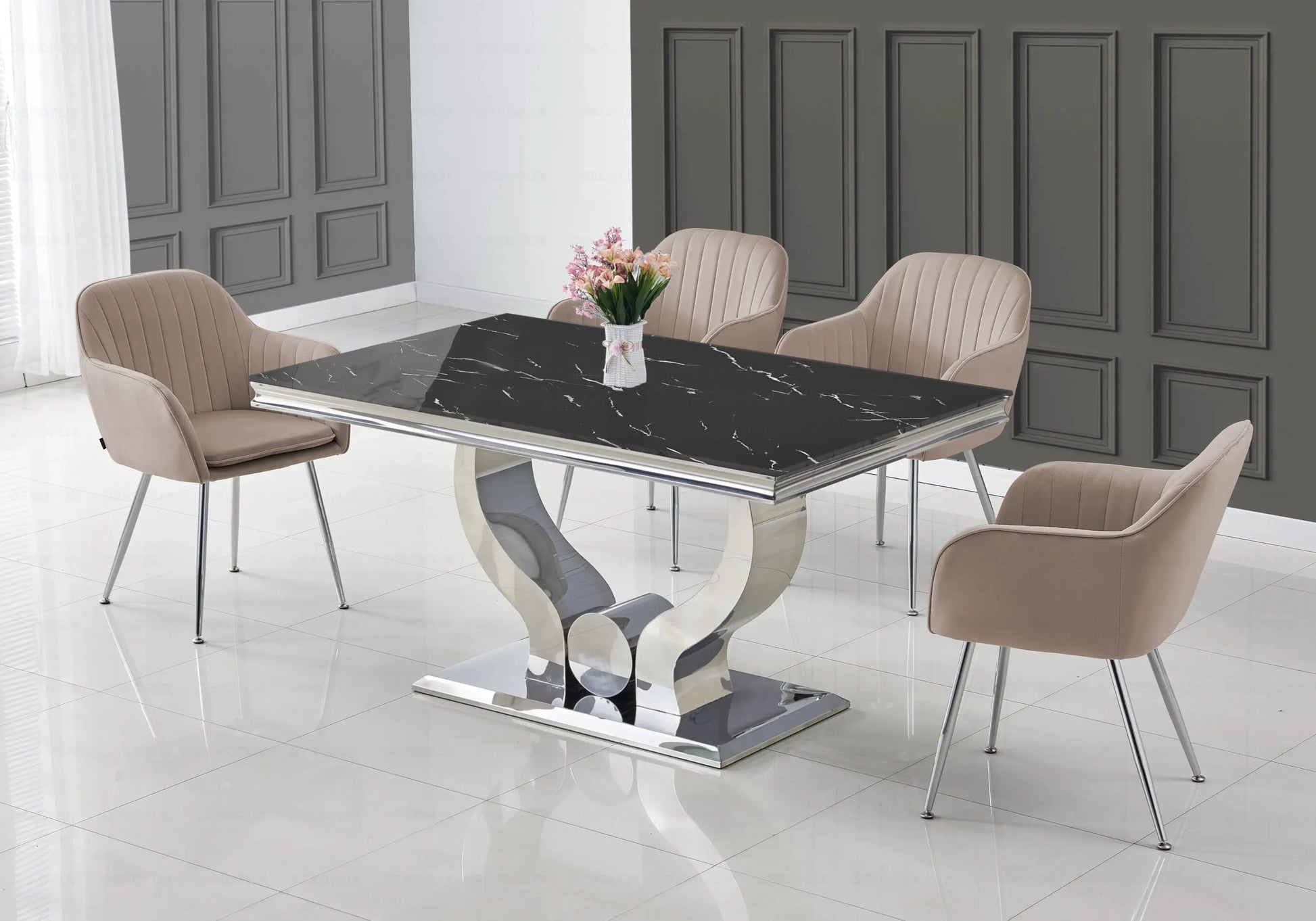 Ensemble table marbre noir et chaises taupe NEA New Design