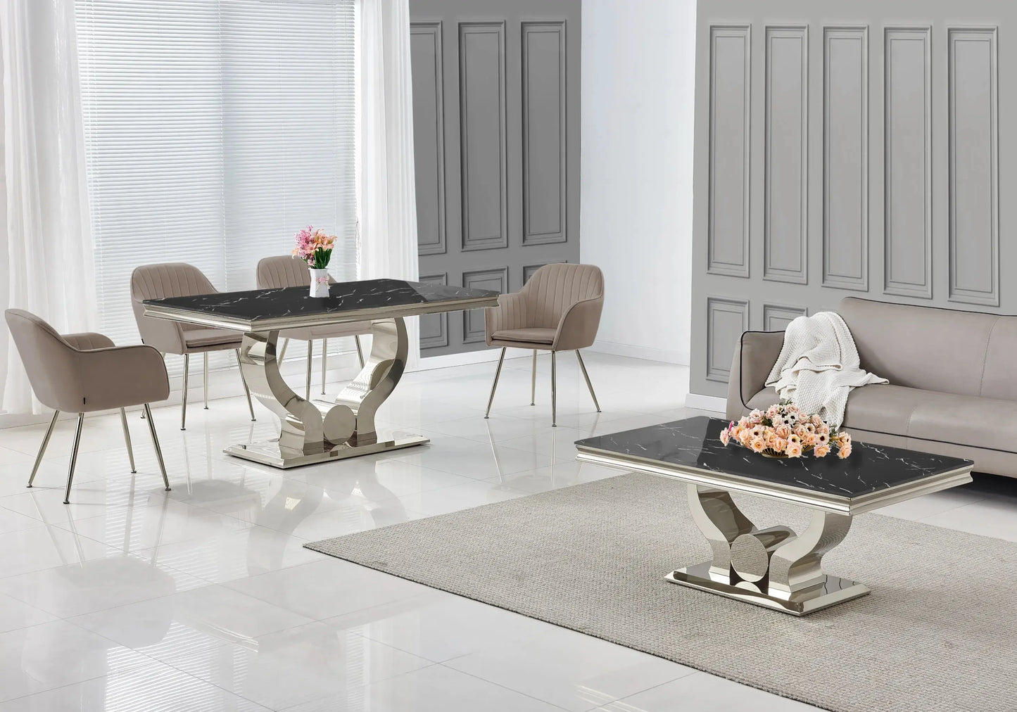 Ensemble table marbre noir et chaises taupe NEA New Design