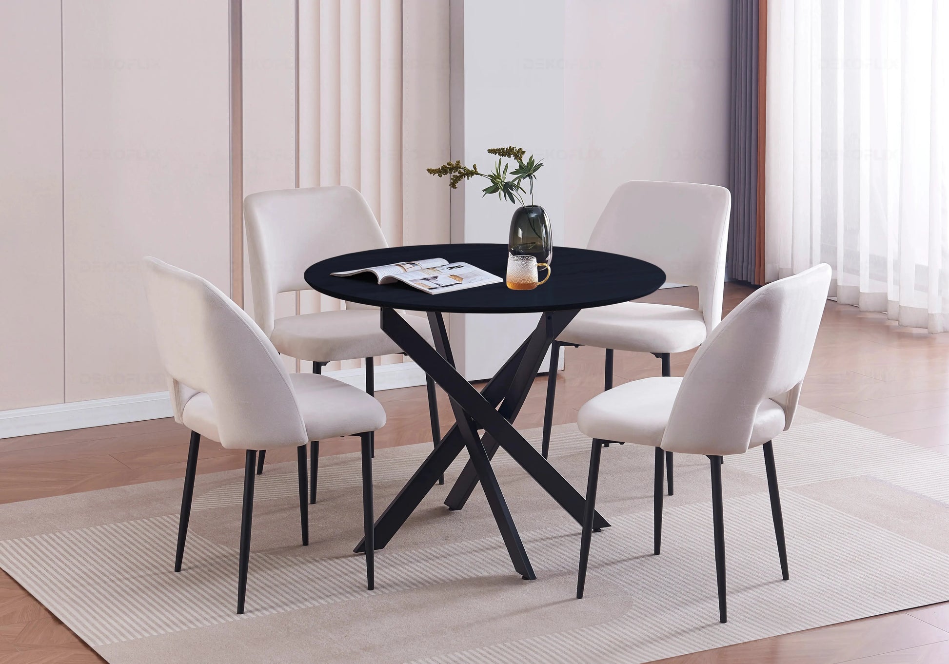 Ensemble table ronde noire et chaises beiges JOY New Design