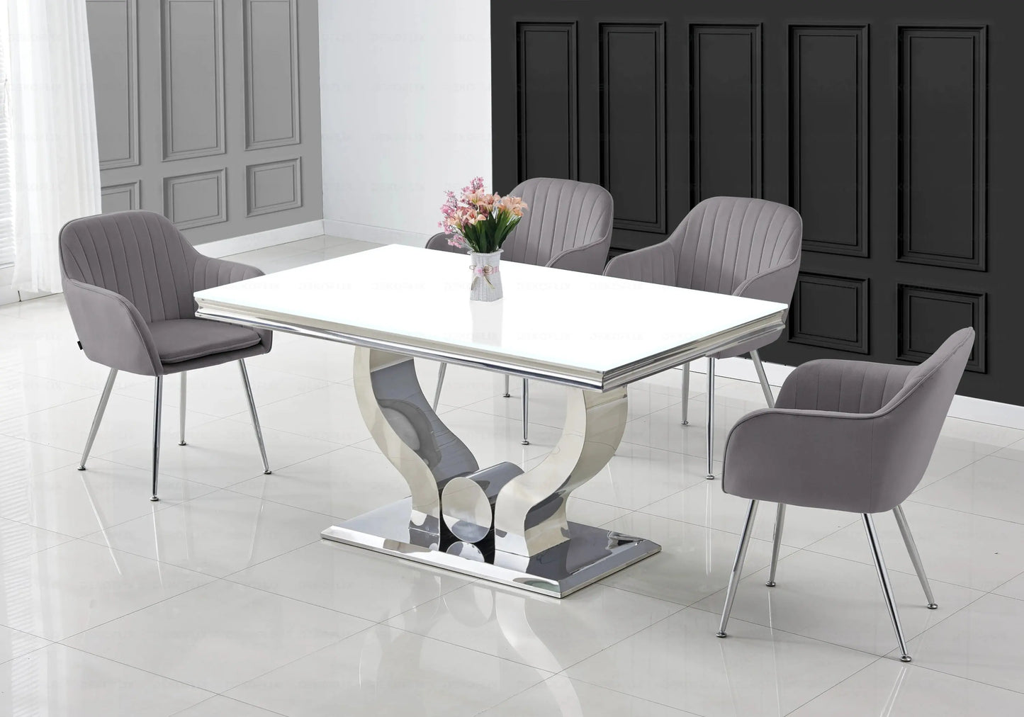 Ensemble table verre blanc et chaises anthracite NEA New Design