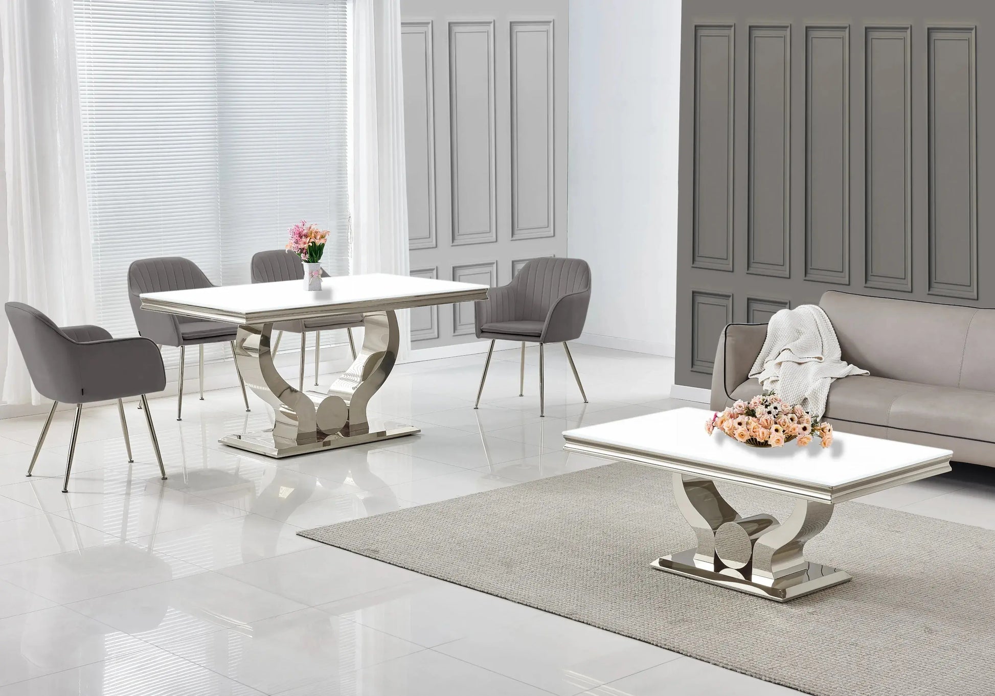 Ensemble table verre blanc et chaises anthracite NEA New Design