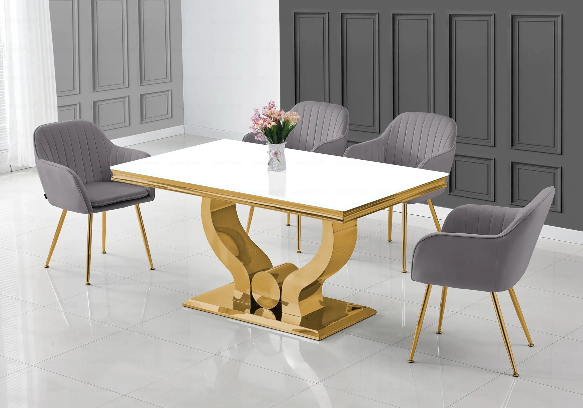 Ensemble table verre blanc et chaises anthracite doré NEA New Design