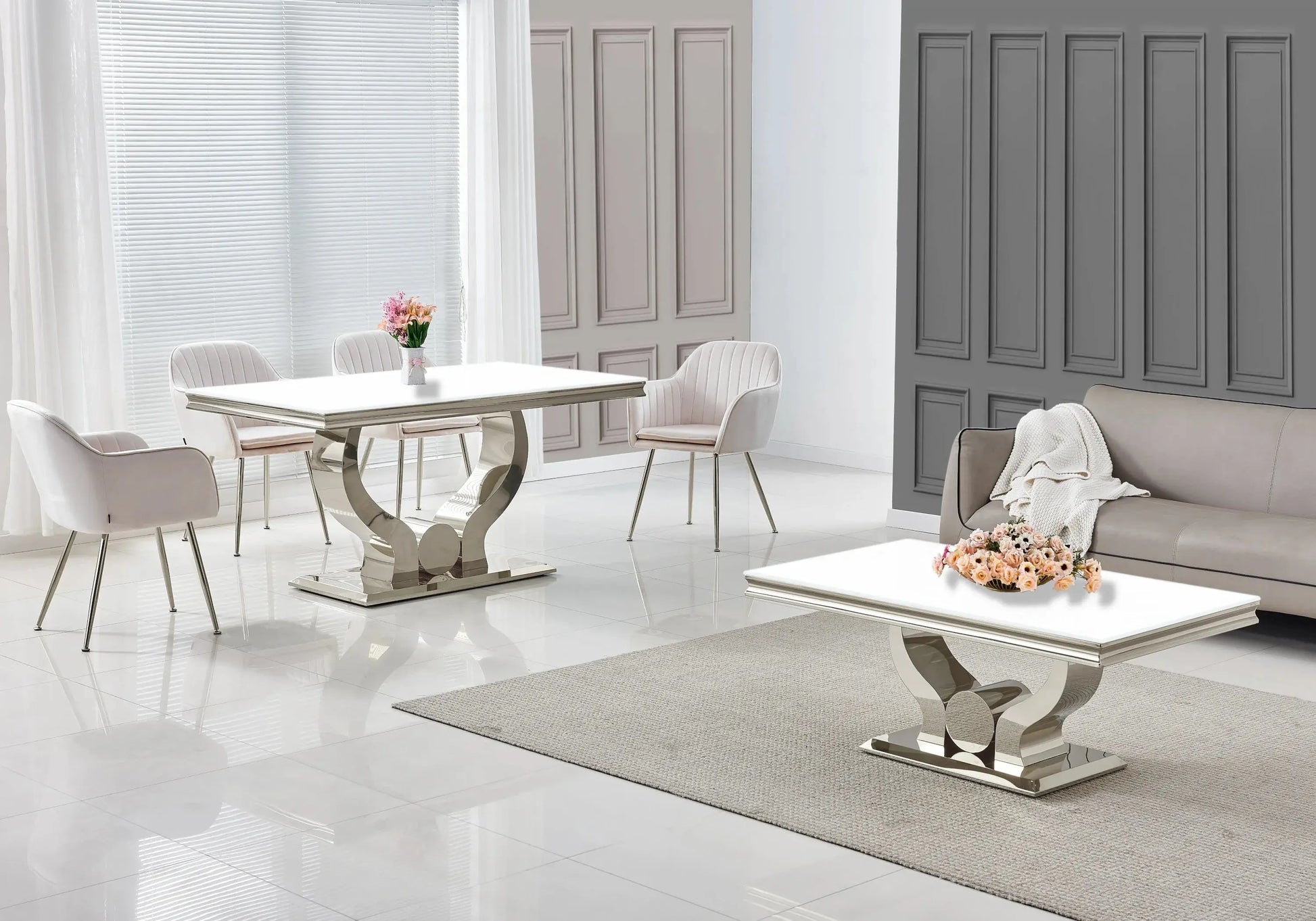 Ensemble table verre blanc et chaises beige NEA New Design