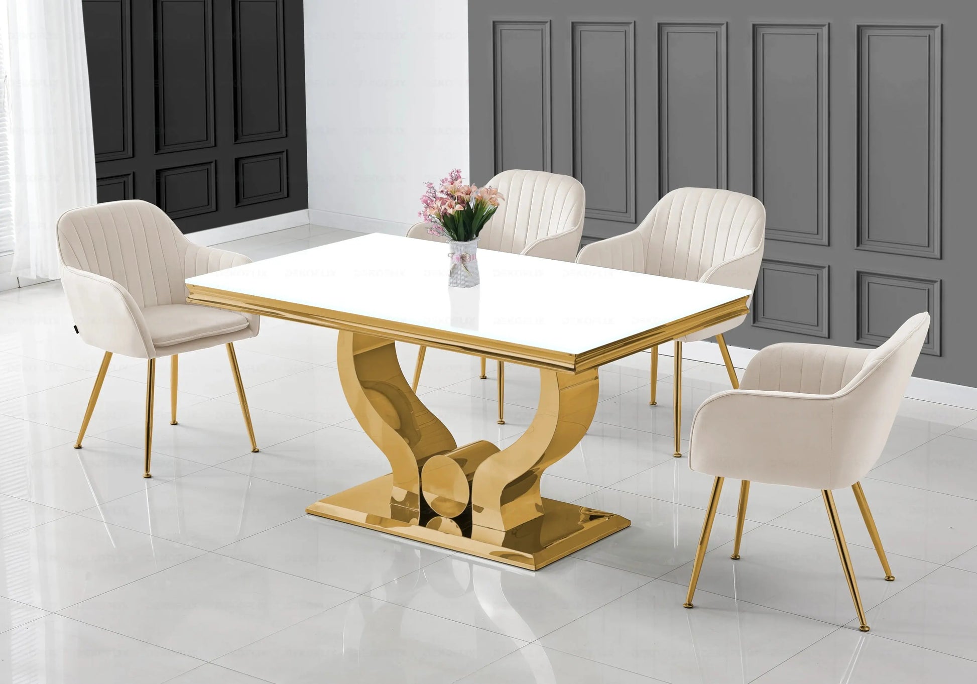 Ensemble table verre blanc et chaises beige doré NEA New Design