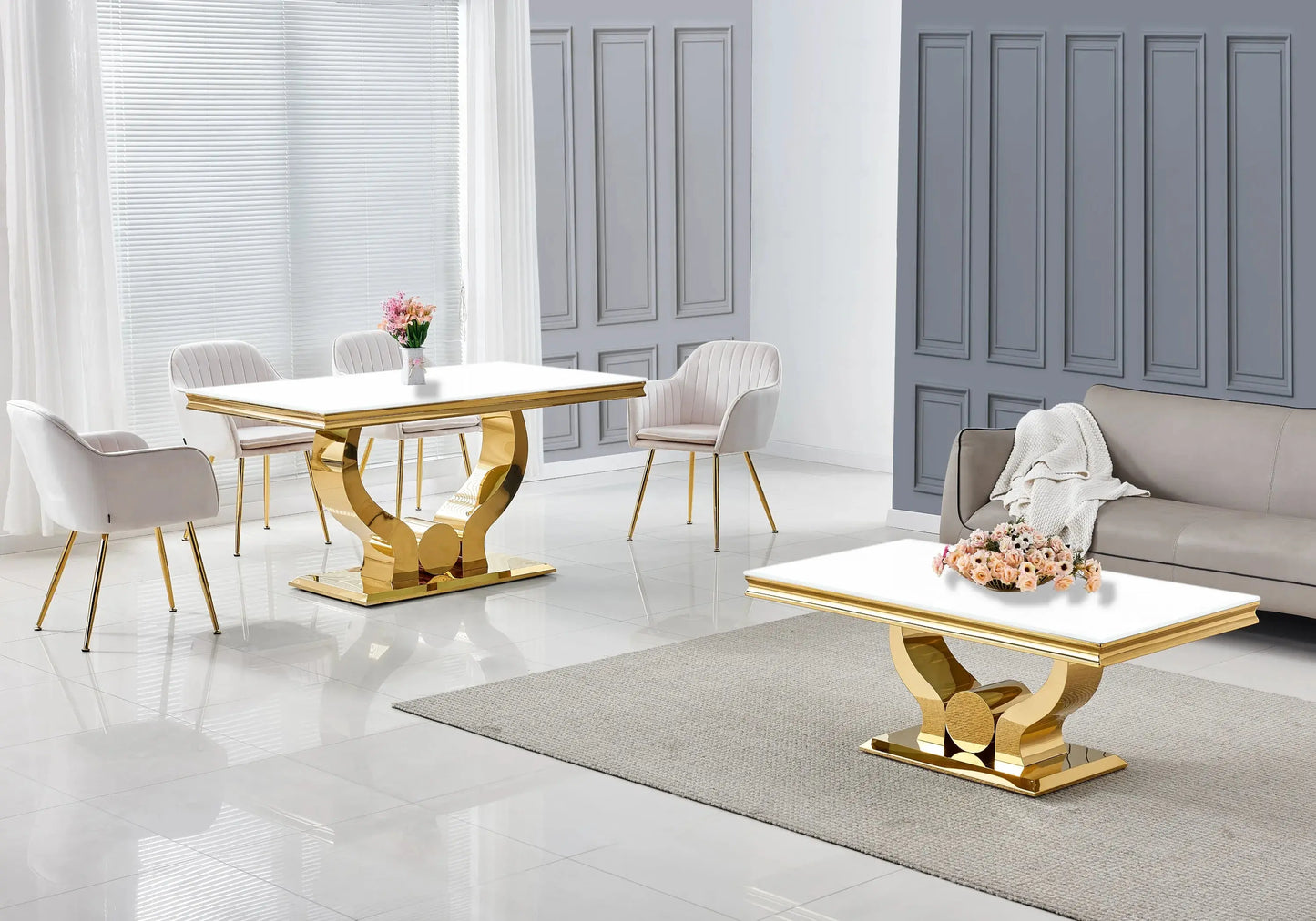 Ensemble table verre blanc et chaises beige doré NEA New Design