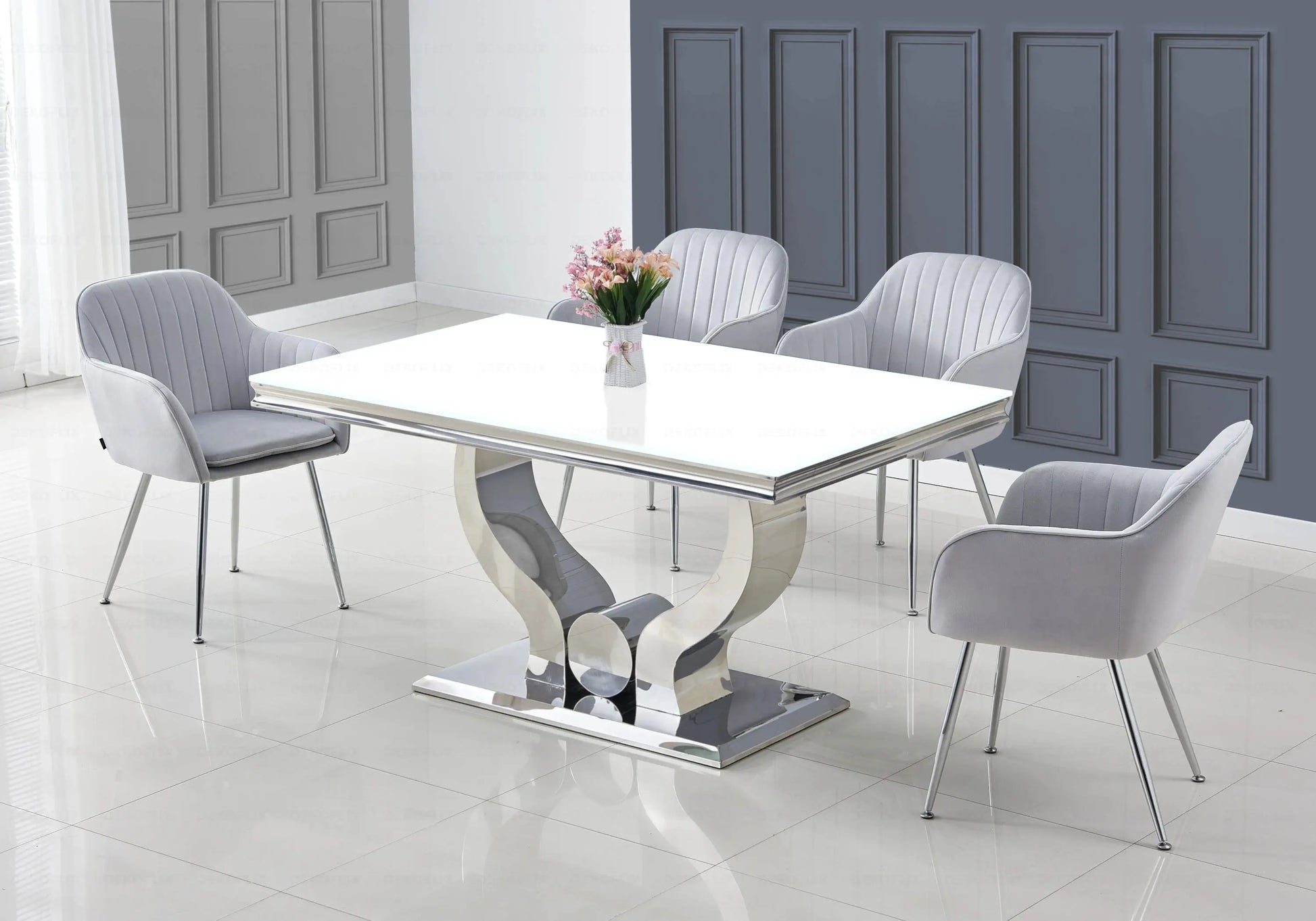 Ensemble table verre blanc et chaises gris NEA New Design