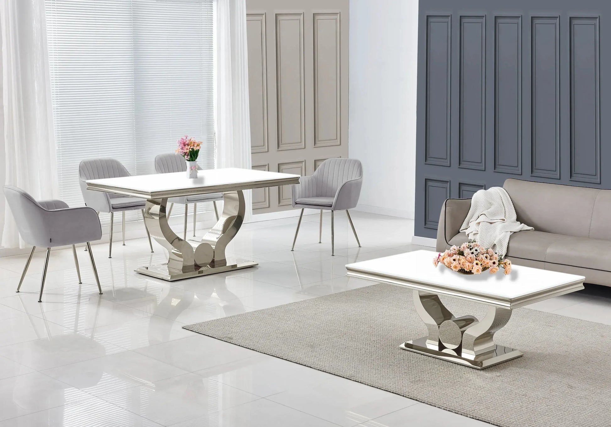 Ensemble table verre blanc et chaises gris NEA New Design