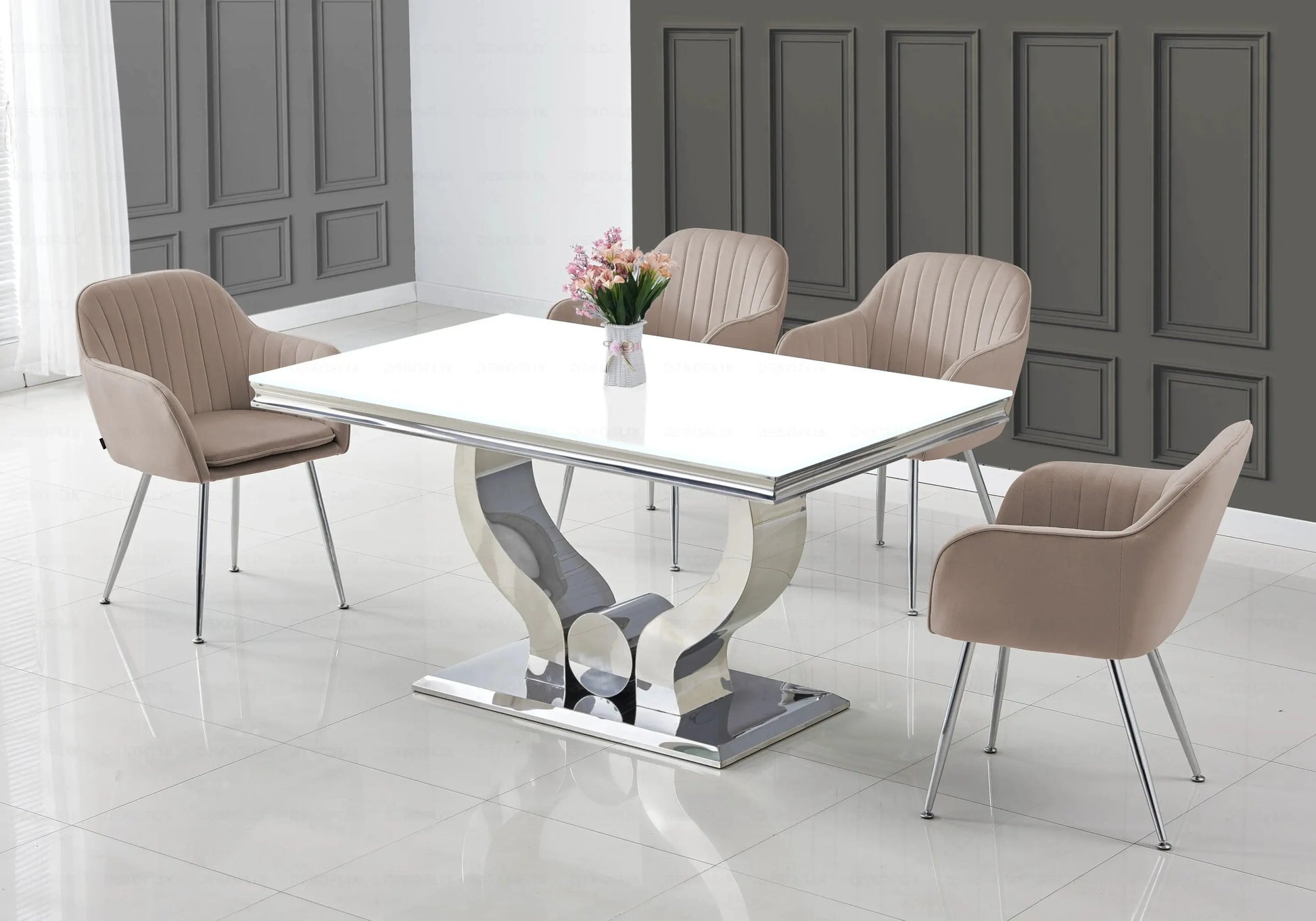 Ensemble table verre blanc et chaises taupe NEA New Design