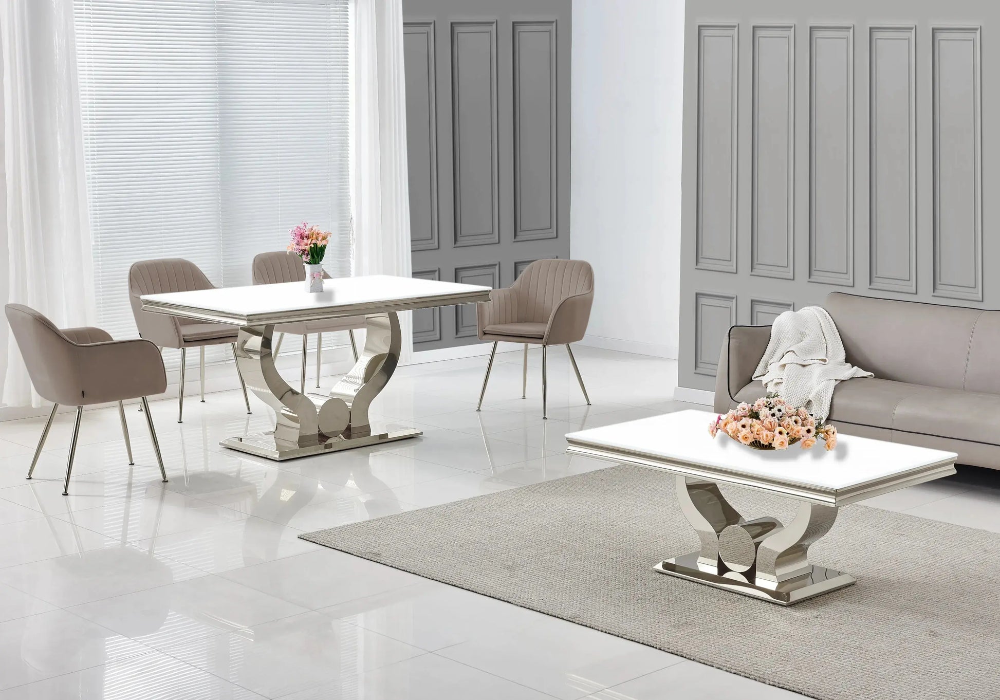 Ensemble table verre blanc et chaises taupe NEA New Design