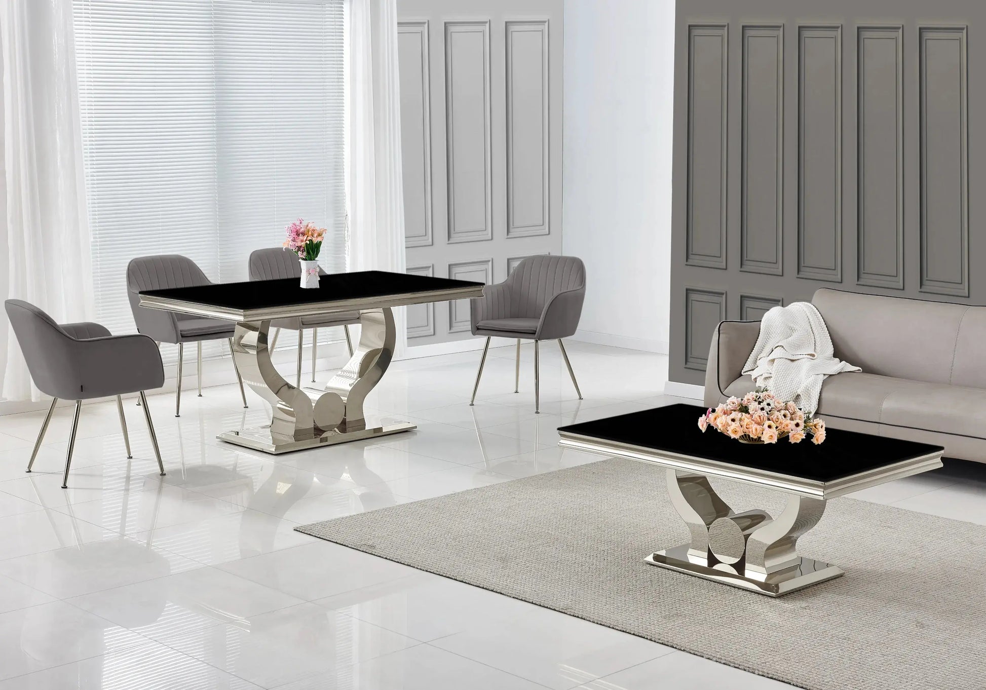 Ensemble table verre noir et chaises anthracite NEA New Design