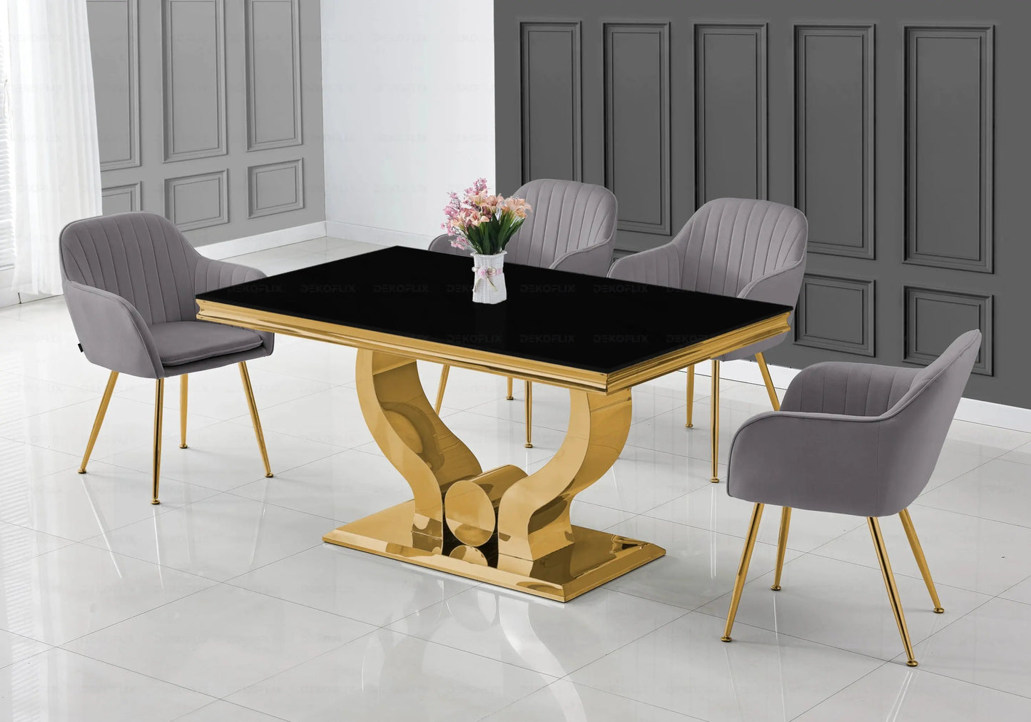 Ensemble table verre noir et chaises anthracite doré NEA New Design