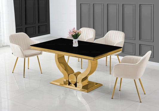 Ensemble table verre noir et chaises beige doré NEA New Design