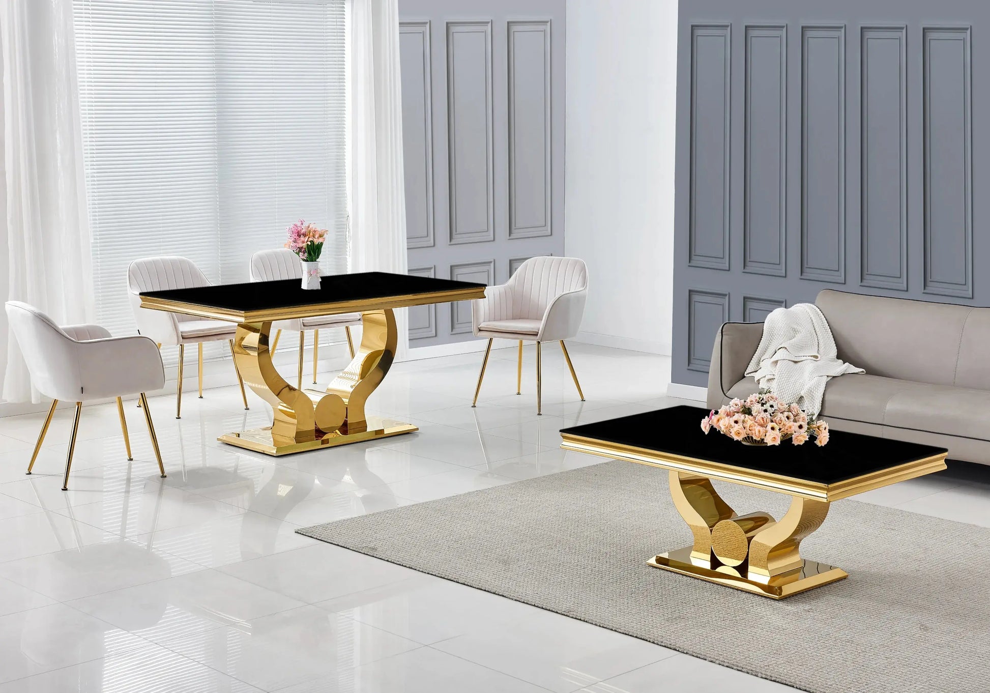 Ensemble table verre noir et chaises beige doré NEA New Design