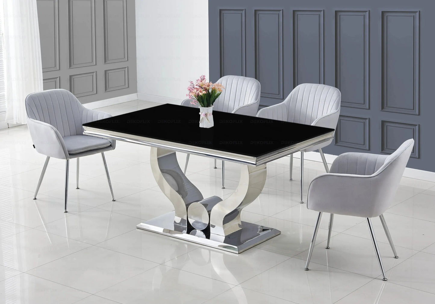 Ensemble table verre noir et chaises gris NEA New Design