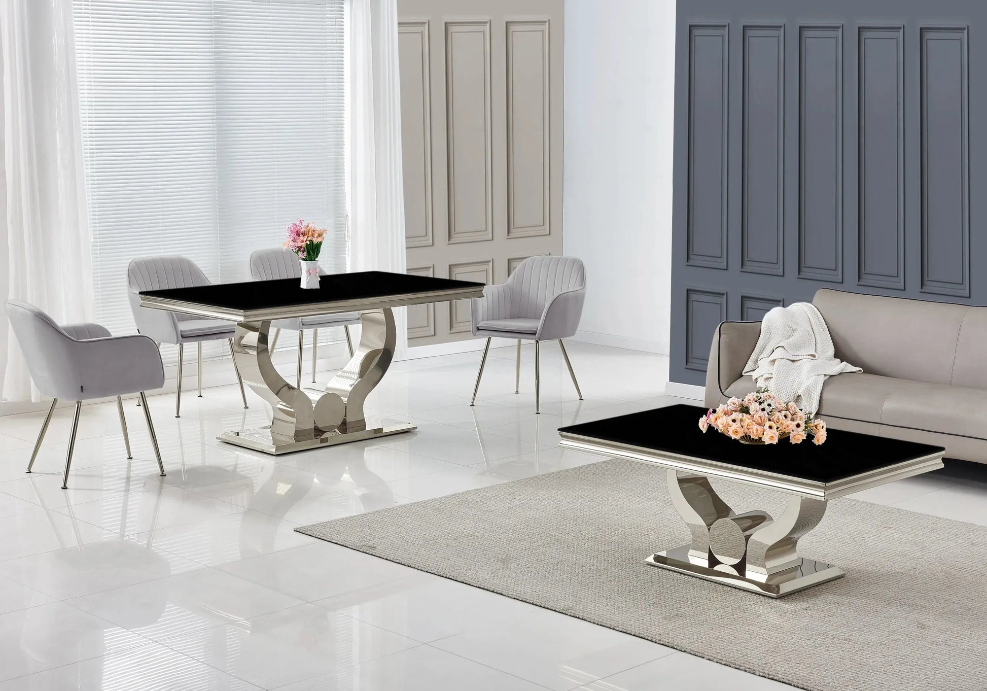 Ensemble table verre noir et chaises gris NEA New Design