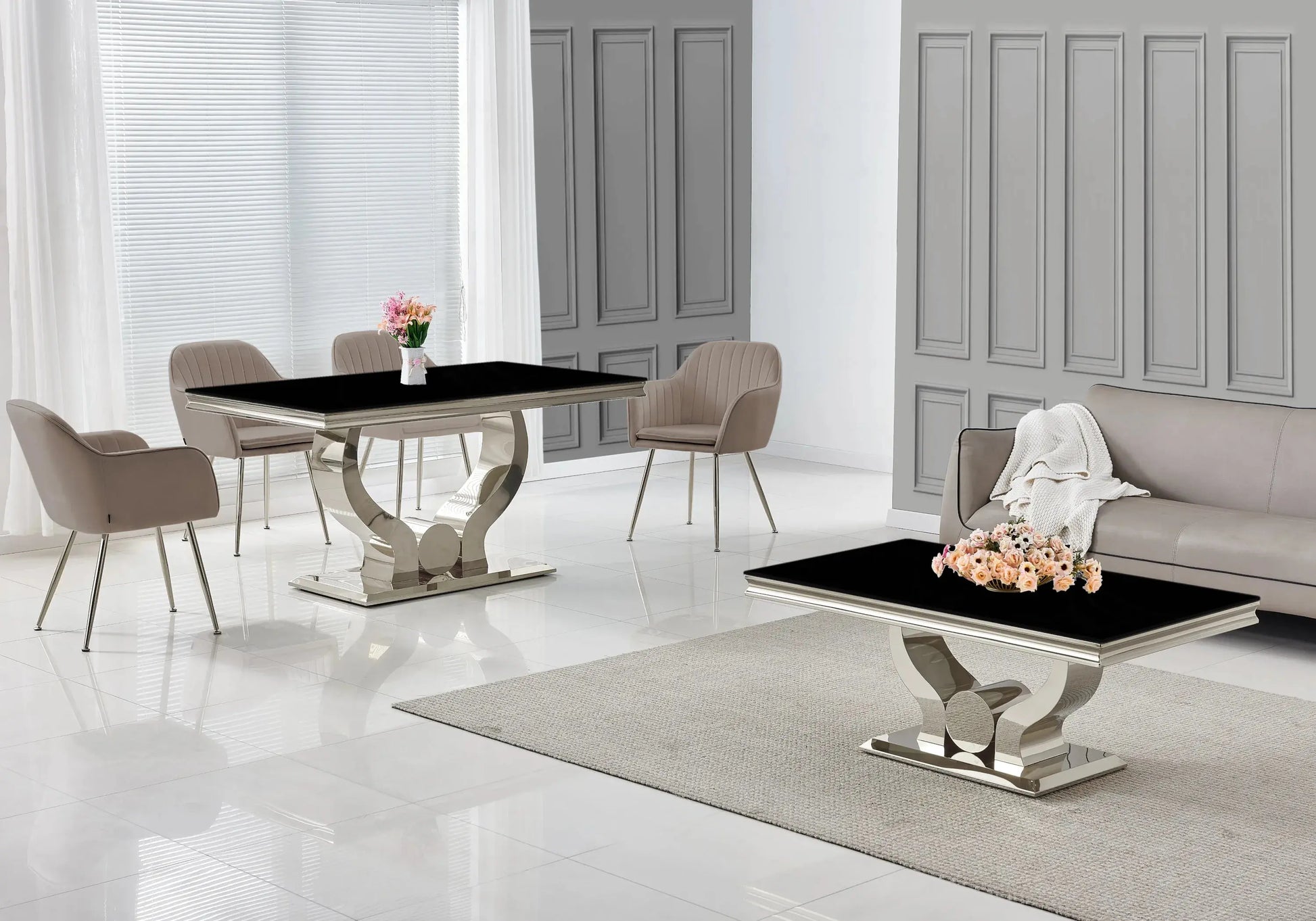 Ensemble table verre noir et chaises taupe NEA New Design