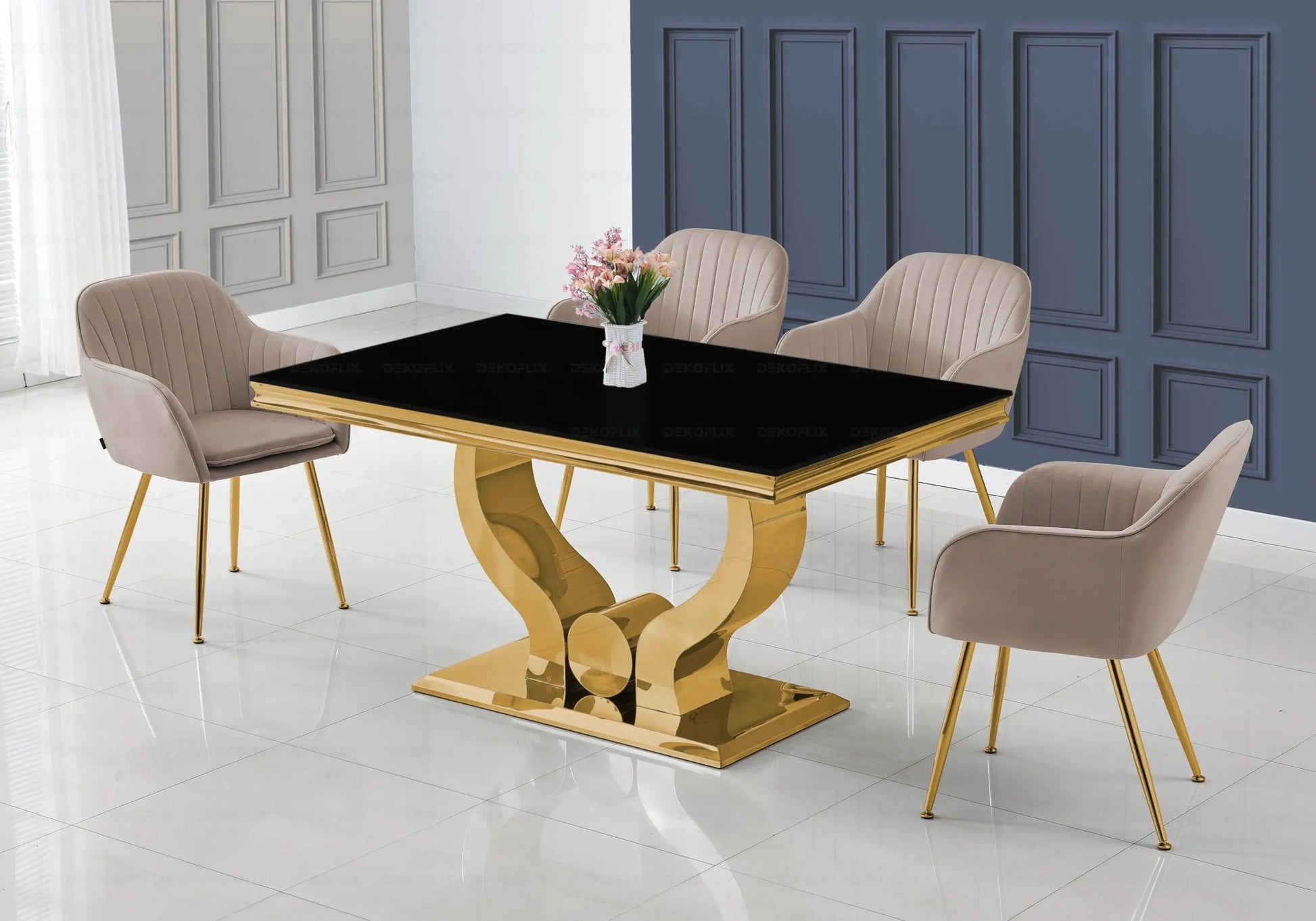 Ensemble table verre noir et chaises taupe doré NEA New Design