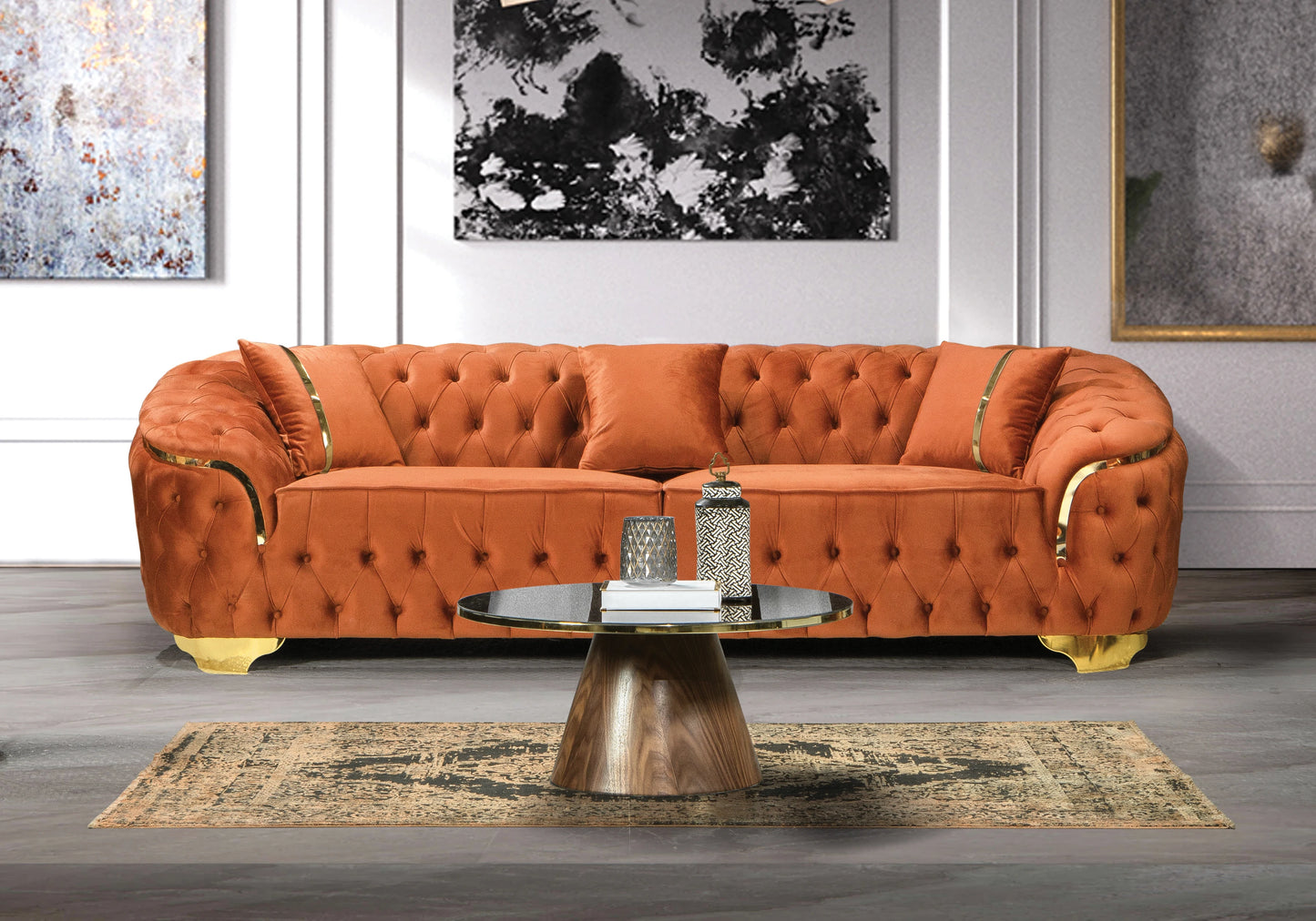 Ensemble Canapé Turc 3+2+1 Capitonné Chesterfield Doré - LOTUS