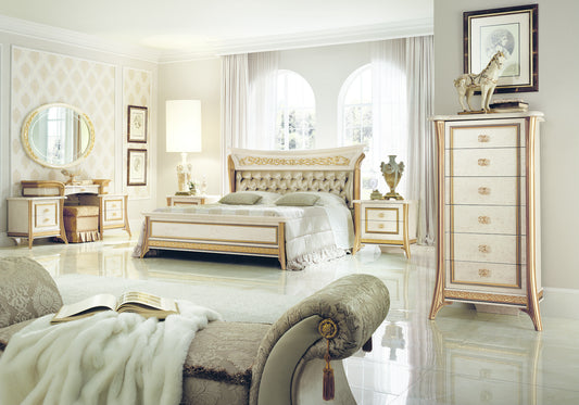 Chambre complète lit capitonné marbre ivoire et or - Melodia