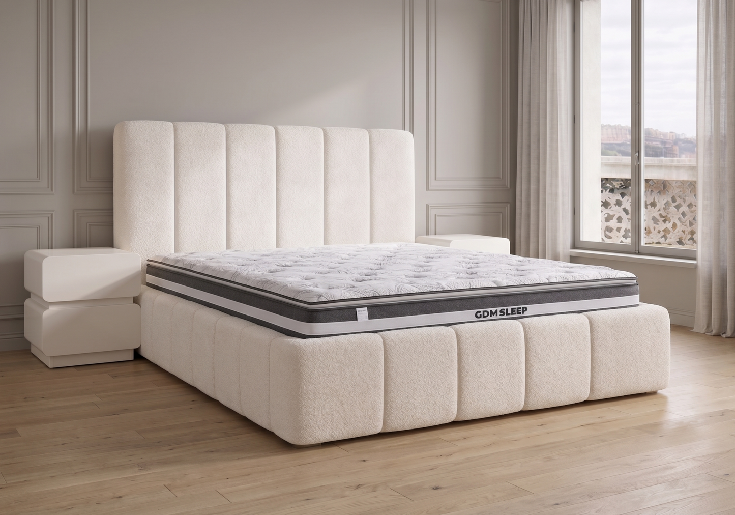 Ensemble lit coffre bouclé blanc et matelas 7 zones 160x200 - Cloud