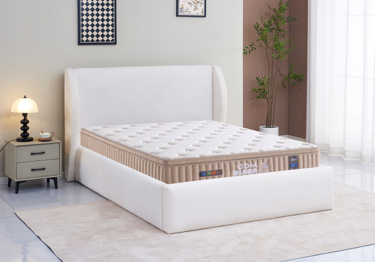 Ensemble lit coffre et matelas 30 cm beige – Aura