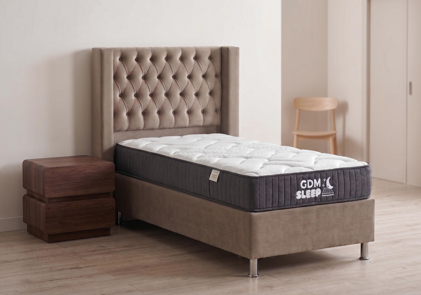 Ensemble lit coffre taupe et matelas ressorts 90x190 - Kobe