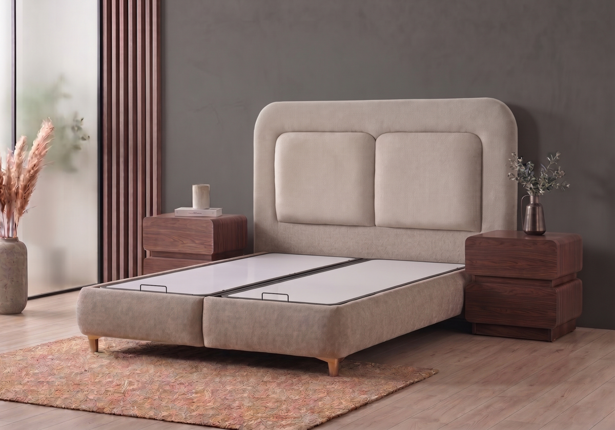 Ensemble lit coffre intégré tissu chenille taupe et matelas 7 zones - Enzo