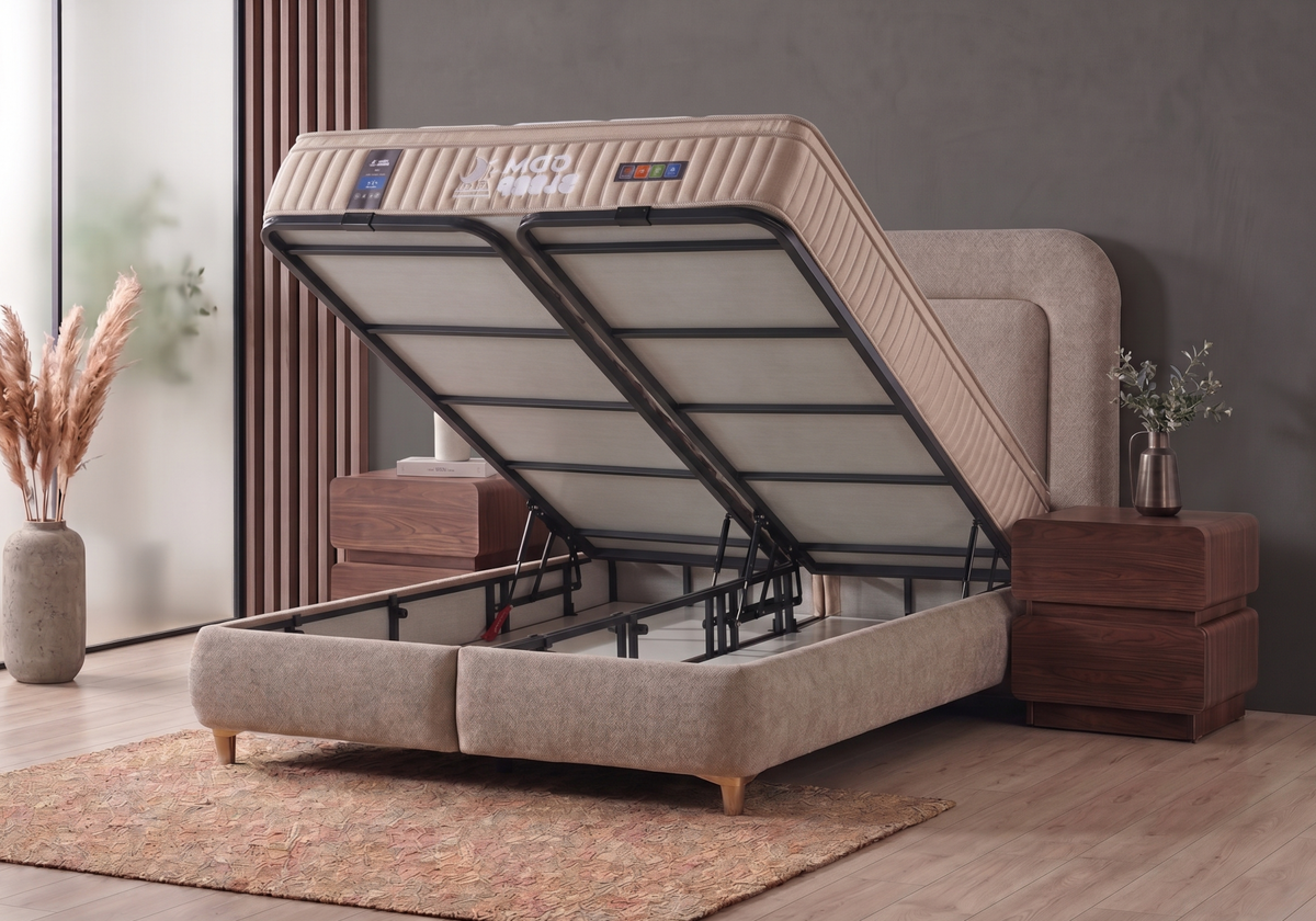 Ensemble lit coffre intégré tissu chenille taupe et matelas 7 zones - Enzo