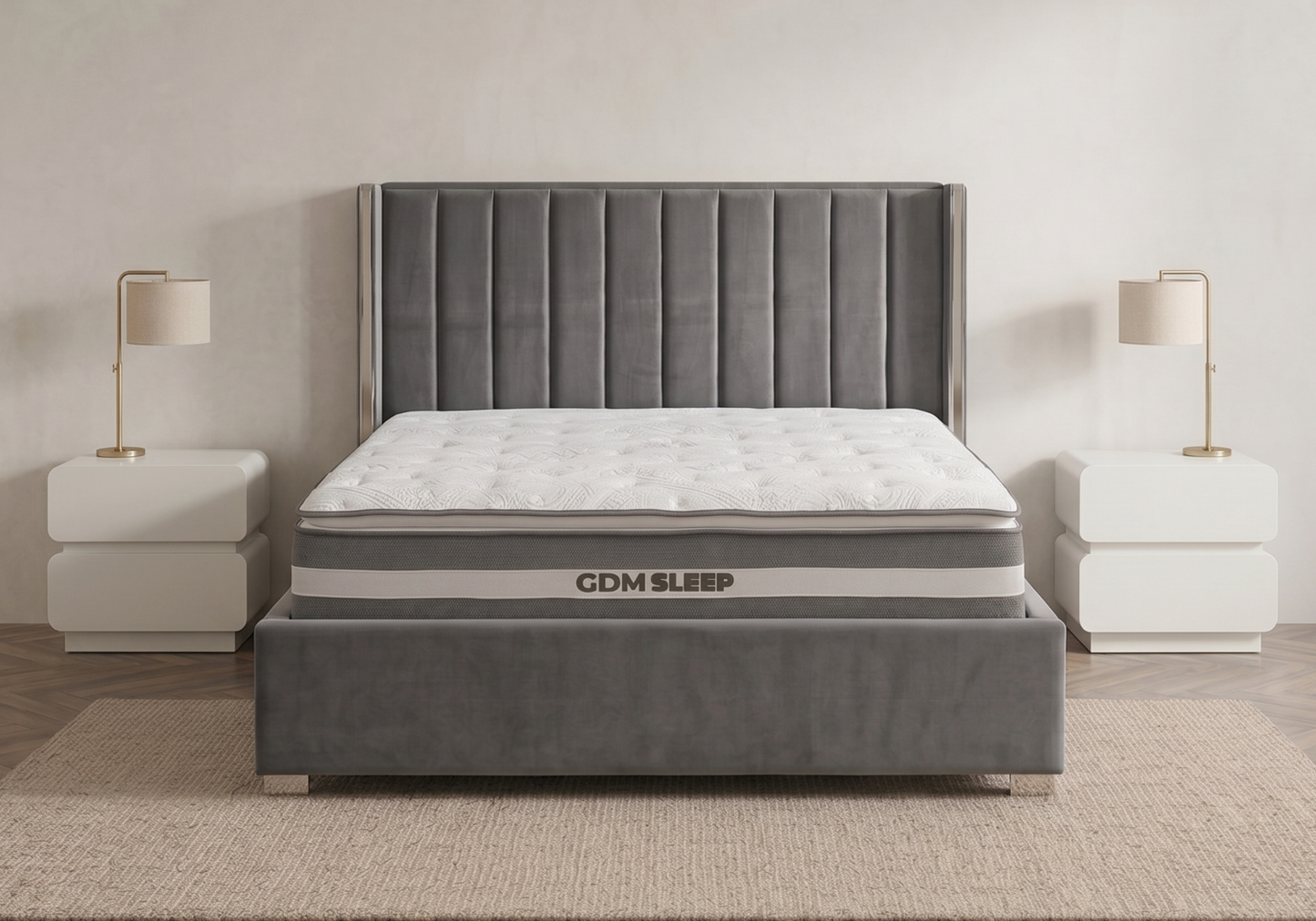 Ensemble lit coffre gris argenté et matelas ressorts - Jade