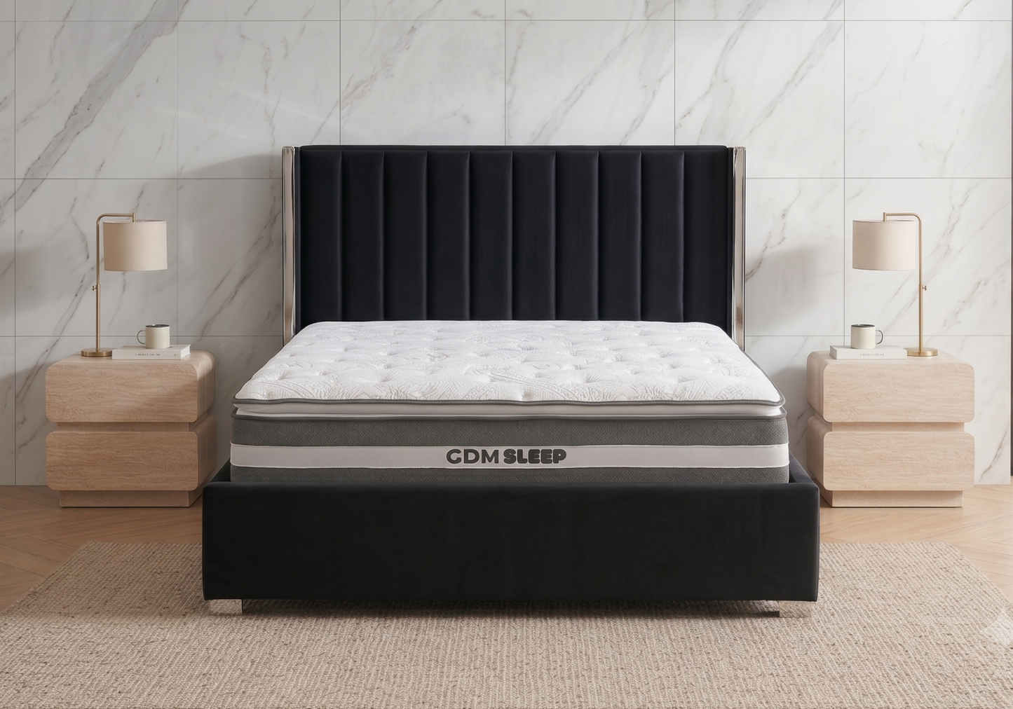 Ensemble lit coffre noir argenté et matelas ressorts - Jade