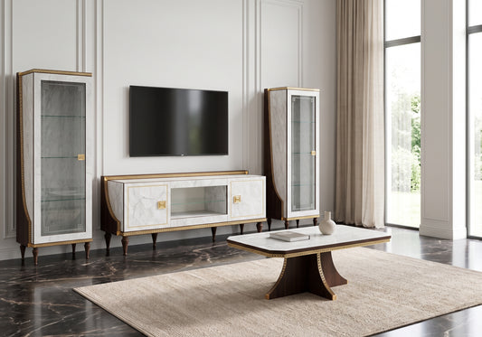 Ensemble meuble TV et 2 vitrines marbre noyer et or 24K - Romantica