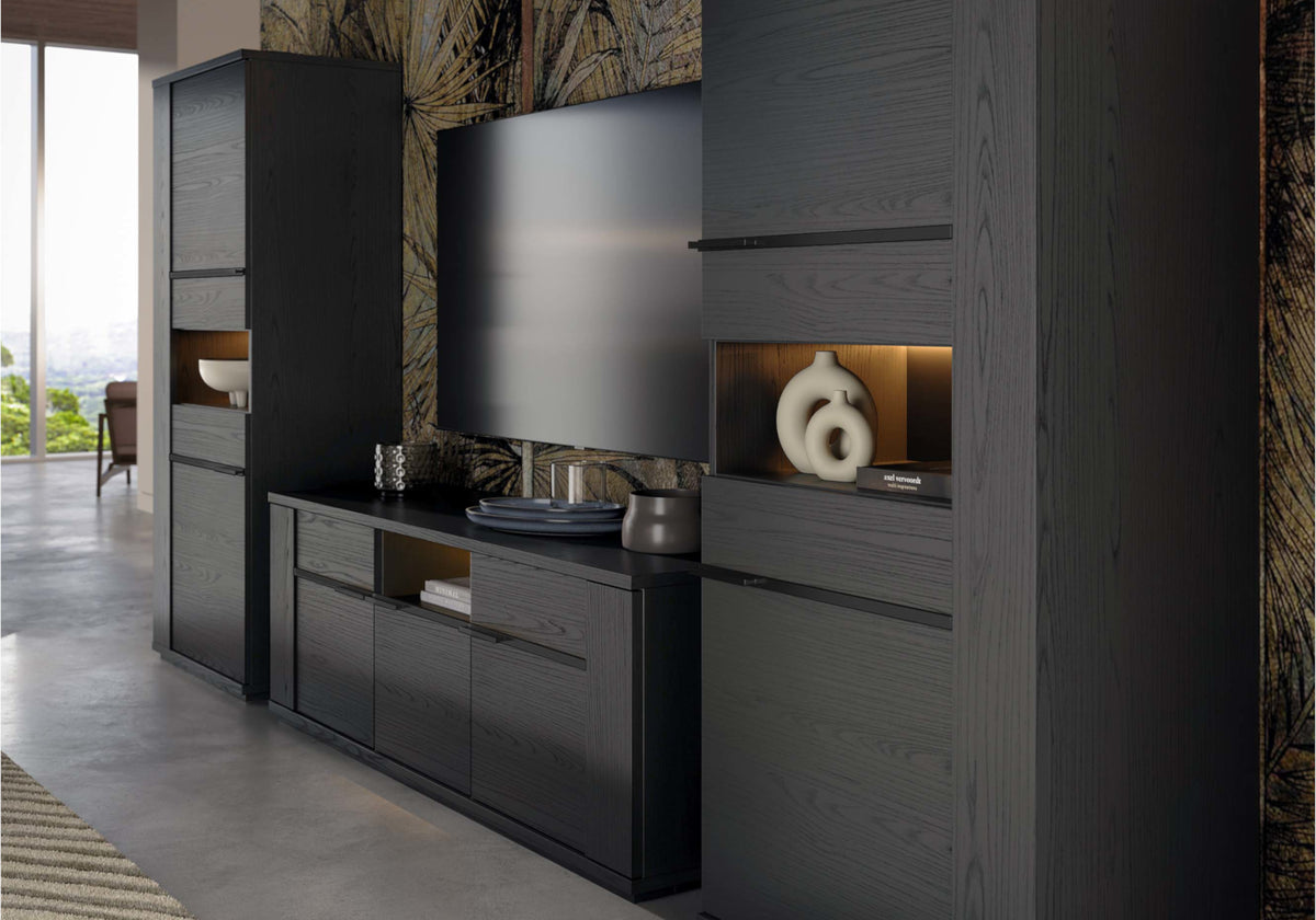 Vitrine colonne 1 porte LED bois noir | Pegaso