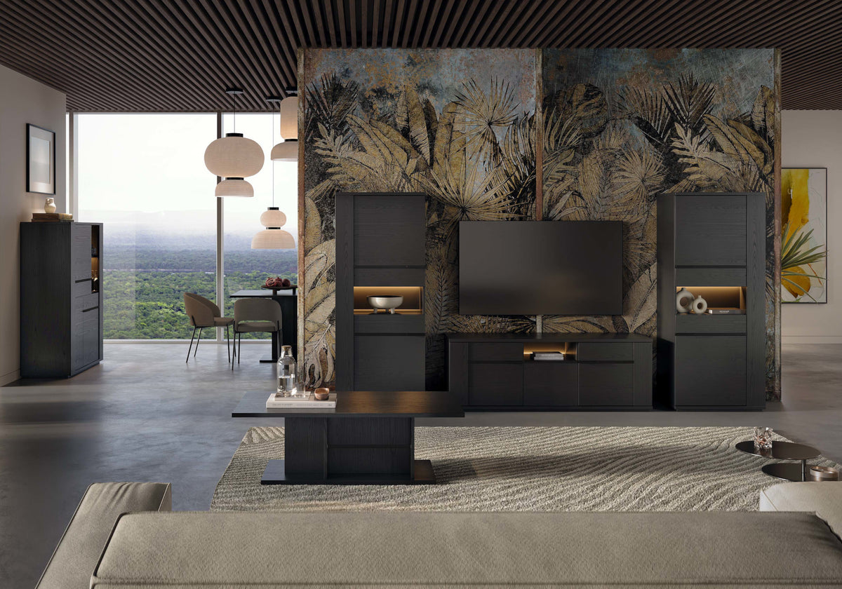Vitrine colonne 1 porte LED bois noir | Pegaso