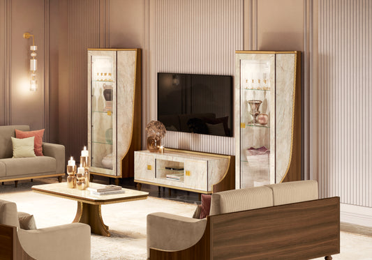 Ensemble meuble TV et 2 vitrines marbre noyer et or 24K - Romantica