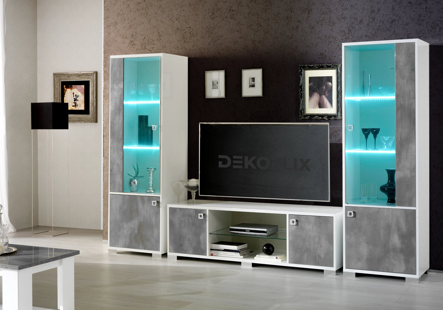 Ensemble mur TV laqué effet béton gris - SARAH