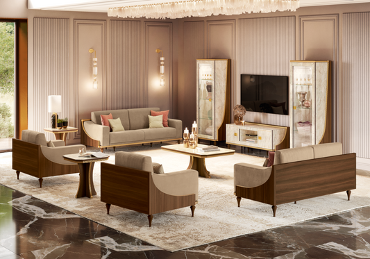 Canapé de salon en velours taupe noyer et or 24K - Romantica