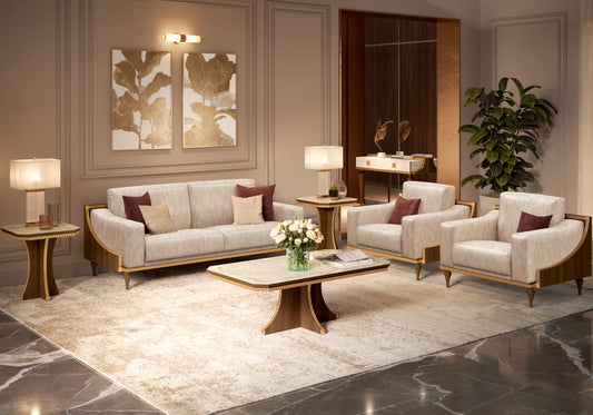 Canapé de salon en tissu beige noyer et or 24K - Romantica