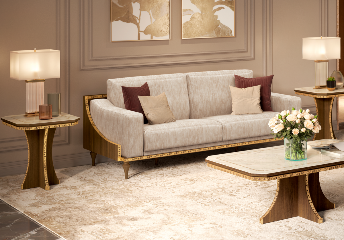 Canapé de salon en tissu beige noyer et or 24K - Romantica
