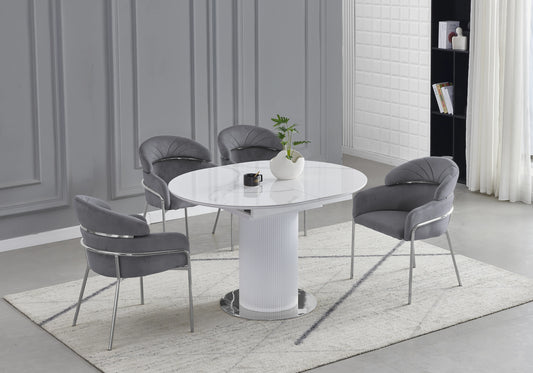 Ensemble table marbre blanc et chaises grises chromé - LEON