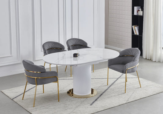 Ensemble table marbre blanc et chaises grises doré – LEON