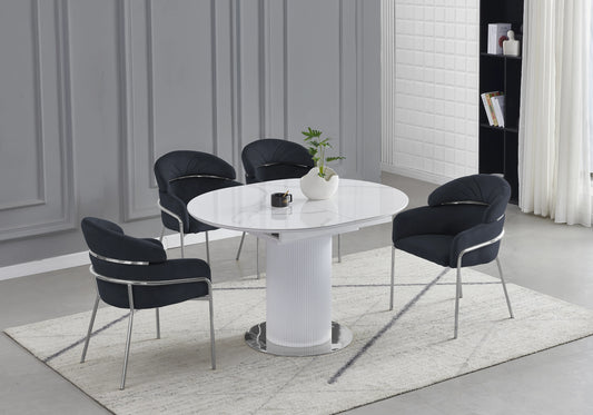 Ensemble table marbre blanc et chaises noires chromé – LEON
