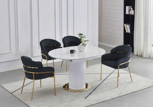 Ensemble table marbre blanc et chaises noires doré – LEON
